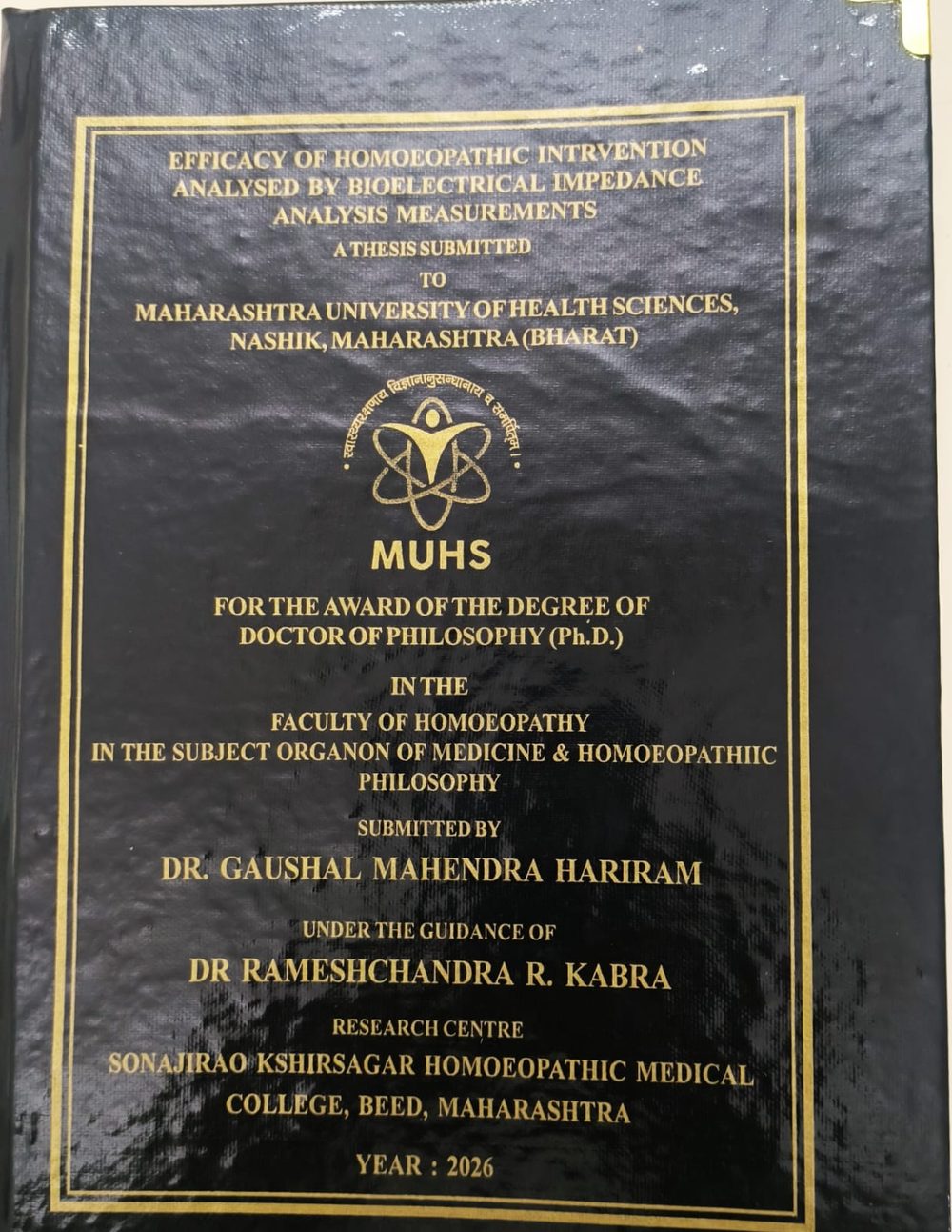 Title page of a doctoral thesis submitted to Maharashtra University of Health Sciences, Nashik, in 2026.