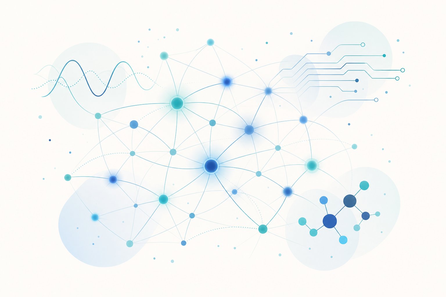 Abstract illustration of linked nodes in teal and blue, representing interdisciplinary collaboration.