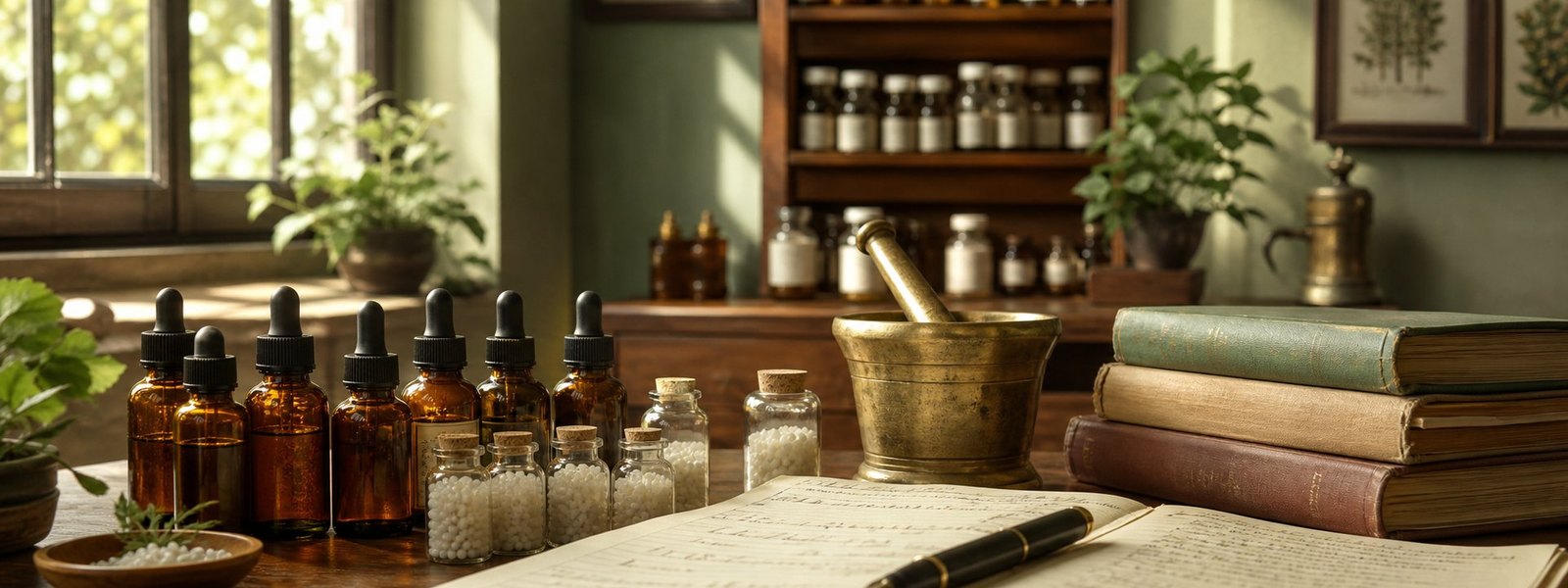 Homoeopathic remedy bottles, vials and a research notebook with a data table on a clean bench.