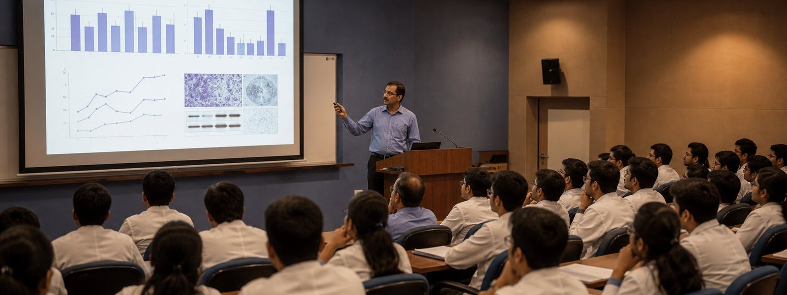 A speaker presenting measurement data to students in a lecture hall.